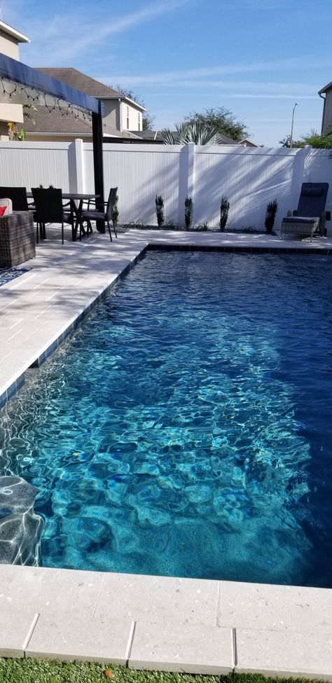 #pebble sheen #Alpine blue Ocean Blue Pebble Sheen Pools, Pebbletech Pools, Pebble Sheen Pool Colors, Liner Pools Inground, Cabana Bathroom, Pebble Tech, Pool Makeover, Pool Oasis, Pools Backyard Inground