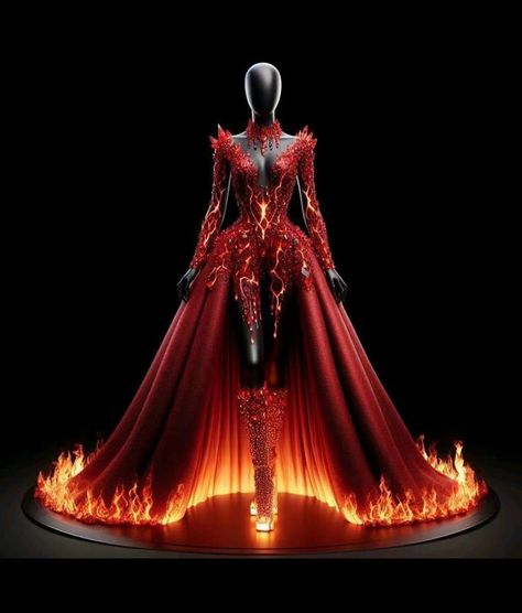 Fire Inspired Dress Gowns, Flame Dress Gowns, Met Gala Outfits Ideas 2024, Met Gala 2024 Ideas, Fire Wedding Dress, Fire Dress Gowns, Royal Queen Dress, Fire Inspired Dress, Fire Inspired Outfits