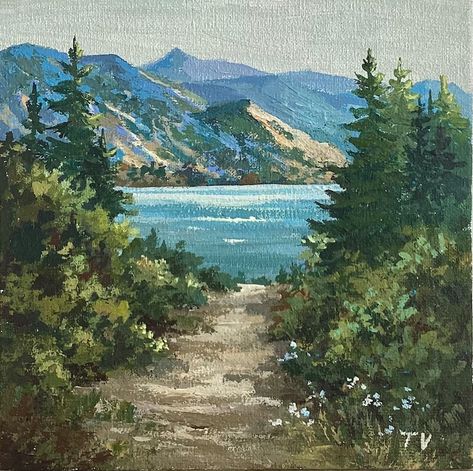 Mountain Lake Painting Original Art Pine Trees and Mountains Nature Switzerland Landscape Miniature 6 X 6 - Etsy Canada Montana Painting Ideas, Big Nature Painting, Painting Nature Acrylic, Soft Painting Ideas, Nature Drawing With Color, Nature Oil Painting Landscapes, Mountain Aesthetic Painting, Reference Landscape Photos, Landscape Paintings Aesthetic