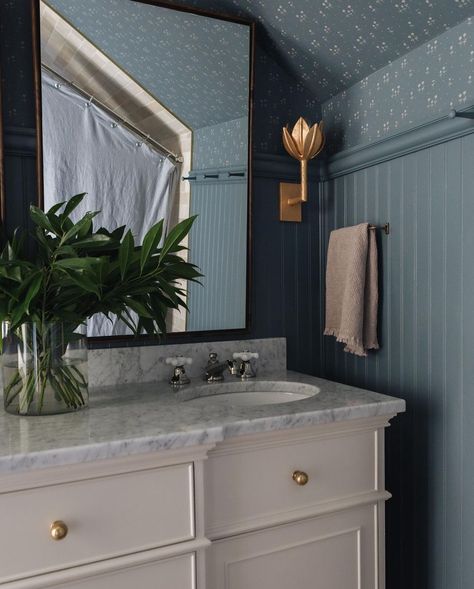 Wallpaper Bathroom | Bathroom Vanity | Bathroom Lighting | Beadboard Bathroom Blue Beadboard Bathroom, Beadboard Bathroom Walls, Wallpaper Beadboard, Beadboard And Wallpaper, Beadboard Bathroom Ideas, Wallpaper And Beadboard, Blue Beadboard, Blue Bathroom Ideas, Blue Bathroom Walls