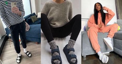 We're showcasing how fashion people wear the chic socks and sandals trend. Sweatpants And Socks Outfit, Socks With Slides Outfit, Socks And Sandals Outfit Winter, Sock And Sandals Outfit, Socks With Birks Outfit, Socks With Sandals Outfit, Socks And Birks Outfit, Socks With Slides, Slides With Socks Outfit