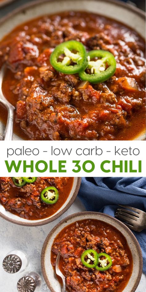 Whole30 Keto Recipes, Easy Gluten Free Low Carb Recipes, Low Bean Chili, Whole30 Recipe, No Carb Chili Recipe, Diet Chili Recipe, Whole Food Low Carb Recipes, Chili Recipe Keto, Whole Food Chili Recipe