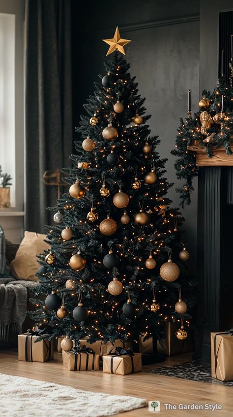 Black Christmas Decorations for a Dramatic Holiday Look - The Garden Style Black Theme Christmas, Black Christmas Tree Decorations, Black Pillar Candles, Black And Gold Christmas, Black Christmas Decorations, Elegant Christmas Tree Decorations, Painted Branches, White Pillar Candles, Christmas Wreaths & Garlands