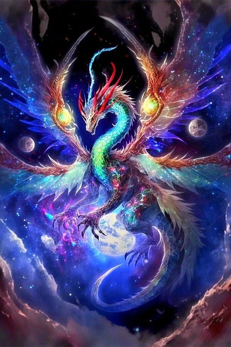 Galaxy Mythical Creatures, Elemental Dragon Art, Prismatic Dragon, Cosmic Dragon, Galaxy Dragon, Celestial Dragon, Star Dragon, Fantasy Space, Space Dragon