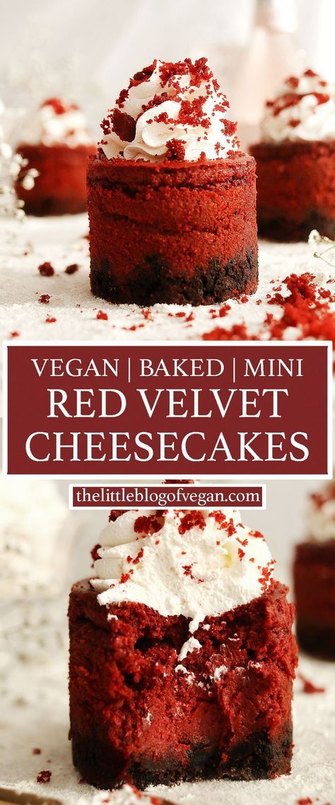 Jan 30, 2024 - Mini Vegan Red Velvet Cheesecakes - A buttery biscuit base, baked with a creamy red velvet cheesecake filling and whipped cream. Delicious! Gluten Free Red Velvet Cheesecake, Vegan Red Velvet Cheesecake, Red Velvet Food, Vegan Red Velvet Cake, Vegan Red Velvet, Vegan Pies, Velvet Cheesecake, Vegan Party Food, Vegan Baking Recipes