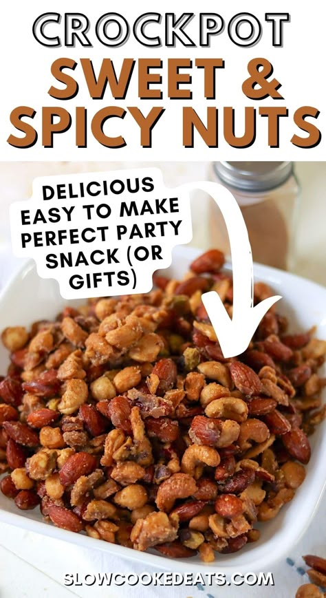 Best Slow Cooker Sweet and Spicy Nuts Recipe | Slow Cooked Eats Crockpot Roasted Nuts Crock Pot, Roasted Nuts Recipe Sweet And Spicy, Spiced Nut Recipes, Best Spiced Nuts Recipe, Spiced Nuts Recipe Crock Pot, Sweet And Spicy Nuts Pioneer Woman, Flavored Nuts Recipes Holidays, Smoked Nuts Recipes, Flavoured Nuts Recipe