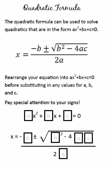 I've found that students really struggle when setting up quadratic formula problems. I created this quadratic formula foldable to help students learn to Quadratic Equations, Quadratic Formula, Math 8, Algebra Activities, Algebra 2, Math Formulas, Trigonometry, Maths Puzzles, High School Math