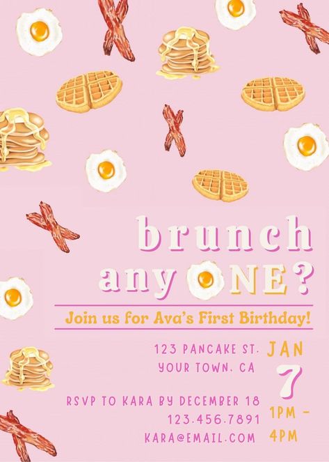 Editable First Birthday Invitation, Brunch Anyone, Brunch Birthday Party, Breakfast, Baby Girls 1st Birthday, Instant Download Template - Etsy Brunch 1st Birthday Party Girl, Brunch Theme Party, Brunch Themed First Birthday, First Birthday Brunch Ideas, Brunch First Birthday Party Girl, First Birthday Brunch Girl, Breakfast Themed First Birthday, Birthday Party Breakfast, First Birthday Pancake Party