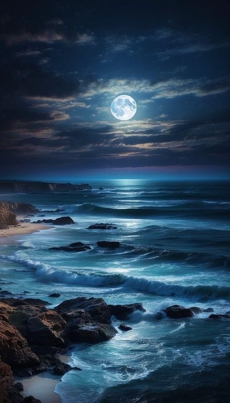 Full Moon Over Ocean, Ocean Rocks Drawing, Moon Over The Ocean, Fantasy Beach, Waves Aesthetic, Magical Paintings, Ocean At Night, Moonlit Night, Andy Gibb