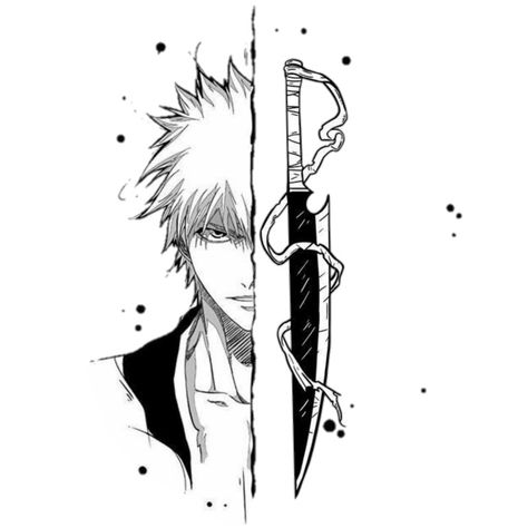 Bleach Anime Drawings Easy, Ichigo's Swords, Ichigo Kurosaki Tattoo Design, Small Bleach Tattoo, Bleach Tatoos Ideas, Ichigo Tattoo Design, Zangetsu Tattoo, Ichigo Tattoo Ideas, Bleach Tattoo Design