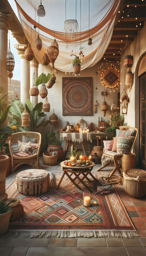 Boho Patio/Patio Inspo Wabi Sabi Patio, Boho Ceiling Decor, Boho Outdoor Patio, Earthy Homes, Boho Decoration, Boho Patio, Meditation Corner, Patio Projects, Boho Outdoor