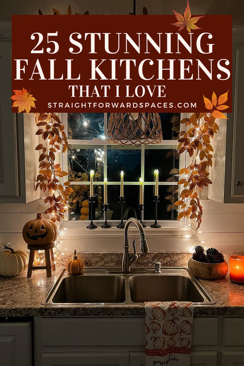 fall kitchen decor ideas Over Cabinet Fall Decor Kitchen Ideas, Fall Above Kitchen Cabinet Decorations, How Do I Decorate The Top Of My Kitchen Cabinets, Fall Decor For Counter Top, Fall Garland Above Kitchen Cabinets, Fall Kitchen Sink Decor, Fall Kitchen Inspiration, Fall Kitchen Window Decor Ideas, Halloween Cozy Decor