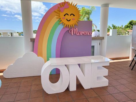 Rainbow Sunshine Backdrop with ONE table By PR Foam By Design Sunshine Theme Birthday Party Decoration, Sunshine Theme Party, First Birthday Summer, Sunshine Theme, Table Aesthetic, Birthday Summer, Sunshine Birthday, Party Inspo, Rainbow Party