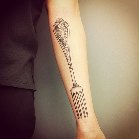 Fork Tattoos Vintage, Antique Fork Tattoo, Fork Tattoos The Best Is Yet To Come, Forky Tattoo, Fork Tattoo, Spoon Tattoo, Always Tattoo, Knife Tattoo, Vintage Forks