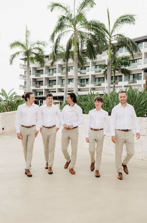 Wedding Khaki Pants, Kacki Pants Wedding Outfit Men, White Shirt And Kakis For Men Wedding, Grooms Man Outfits Groomsmen, Tan And White Groomsmen Groom Attire, White Button Down Groomsmen, Khakis And White Shirt Wedding, Dressy Casual Groomsmen, White Shirt Khaki Pants Men Wedding