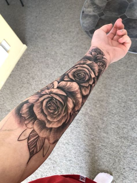 Shaded Forearm Tattoo Women, Inner Forearm Sleeve Tattoo Women, Forearm Rose Tattoo Women, Dark Sleeve Tattoos For Women, Inner Forearm Tattoo Ideas, Rose Sleeve Tattoo, Rose Tats, Rose Forearm Tattoo, Arm Tattoos For Guys Forearm