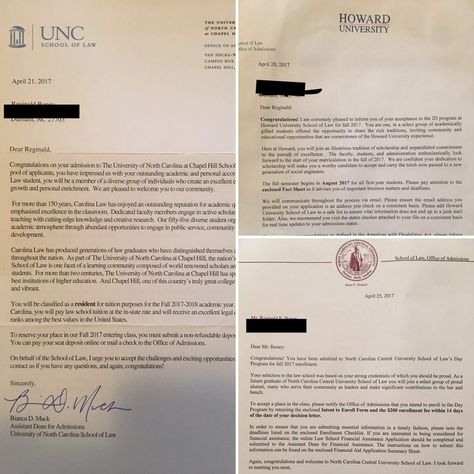 Reginald Boney, a young Black Duke Divinity graduate (MTS '17), has been accepted to 3 law schools: UNC, Howard, and NCCU. #brownsugar #blackmagic #blackandeducated #onwardandupward Law School Vision Board, Law School Acceptance Letter, Law School Acceptance, Georgetown Acceptance Letter, Yale University Acceptance Letter, Yale Acceptance Letter, Howard University Acceptance Letter, Howard Law School, Howard University Law School