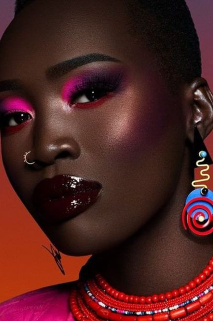 Blush For Dark Skin Black Women, Dark Skin Pink Makeup, Bold Eye Makeup Dark Skin, Eyeshadow On Dark Skin Black Women, Blush For Dark Skin, Bold Blush, Editorial Make Up Black Skin, Editorial Makeup Dark Skin, Best Blush