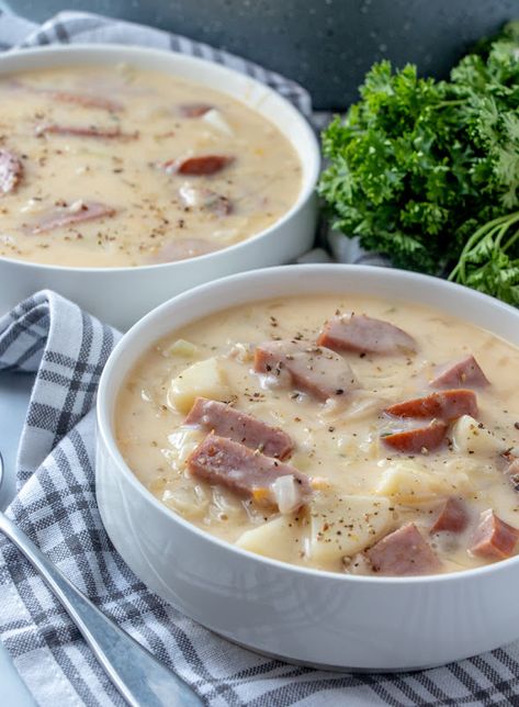 Creamy German Sausage, Potato and Sauerkraut Soup Recipe Pork Chops And Sauerkraut, Kielbasa And Potatoes, Sausage Sauerkraut, Potato Sausage, Grub Hub, Curry Ketchup, Bratwurst Sausage, Sauerkraut Soup, Sausage Potato