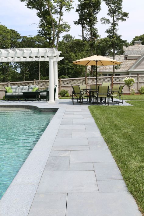 Pool Pavers Ideas Backyard Landscaping, Concrete And Pavers Around Pool, Pools With Pavers Around, Concrete Pool Pavers, Grey Pavers Around Pool, Bluestone Pool Patio, Pavers Backyard Pool, Bluestone Pool Deck, Paver Pool Deck Ideas