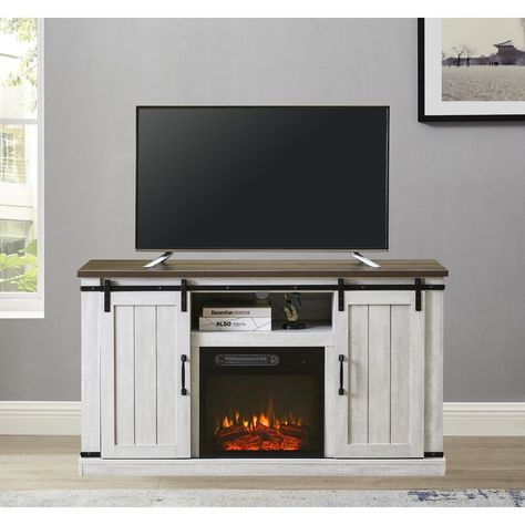 Gracie Oaks Canyonlands TV Stand for TVs up to 60" with Fireplace Included & Reviews | Wayfair Tv Console With Fireplace, Sliding Door Tv Stand, Barn Door Console, Electric Fireplace Tv, White Tv Stands, Fireplace Entertainment, Electric Fireplace Tv Stand, White Tv, Flat Panel Tv