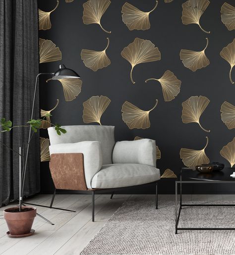 Wallpaper Black And Gold, Geometric Wallpaper Black, Girl Bedroom Walls, Ginkgo Leaves, Leaves Wallpaper, Wallpaper Black, Watercolor Walls, Leaf Wallpaper, Gold Walls