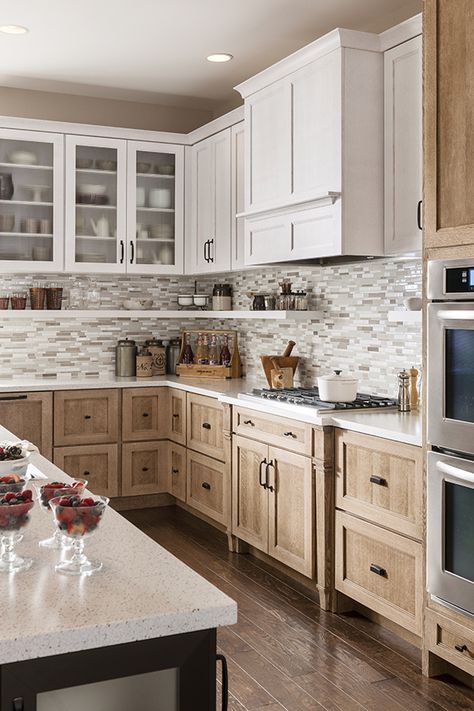 Pop Of Color Kitchen Cabinets, Natural Colored Cabinets, Partial Overlay Cabinets Shaker Style, Pretty Cabinet Colors, White And Wood Cabinets Kitchen, Two Toned Kitchen Cabinets Wood, Cypress Kitchen Cabinets, Light Brown Cabinets Kitchen, White Upper Cabinets Wood Lower