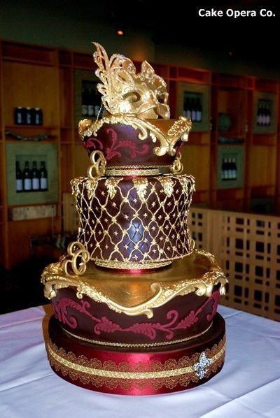 Masquerade Cakes, Fancy Wedding Cakes, Opera Cake, Art Deco Cake, Masquerade Wedding, Unique Wedding Cakes, Crazy Cakes, Gold And Red, Unique Cakes