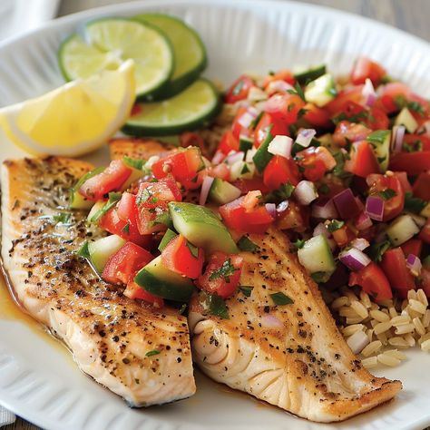 A delicious and healthy Greek-style baked tilapia recipe topped with Mediterranean salsa. Greek Tilapia Recipe, Mediterranean Salsa, Baked Tilapia Recipes, Mediterranean Recipes Healthy, Tilapia Recipe, Baked Tilapia, Tilapia Recipes, Grilled Pork Chops, Greek Cooking