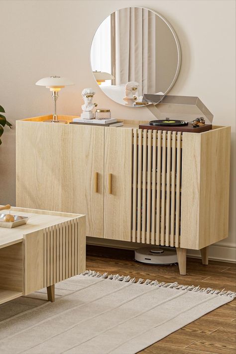 Product Dimensions: 15.5"D x 47.2"W x 31.4"H. the cabinet has spacious interior and 2-tier of shelves, this buffet cabinet is perfect for organizing your space and keeping things neat and tidy. High-quality MDF board, durable and long lifespan, the surface is easy to clean; four solid wood legs provide stability and support for the cabinet, do not have to worry about load-bearing ability. Storage Cabinet For Kitchen, Slatted Door, Cabinet For Kitchen, Minimalist Storage, Storage Sideboard, Dining Room Entryway, Sideboard Table, Buffet Cabinet, Kitchen Cabinet Storage