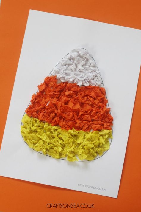 Tissue Paper Candy Corn, Candy Corn Tissue Paper Craft, Candy Corn Art Preschool, Candy Corn Crafts For Toddlers, Candy Corn Preschool Crafts, Tissue Paper Halloween Crafts, Halloween Candy Crafts For Kids, Candy Corn Crafts Preschool, Candy Corn Crafts For Kids