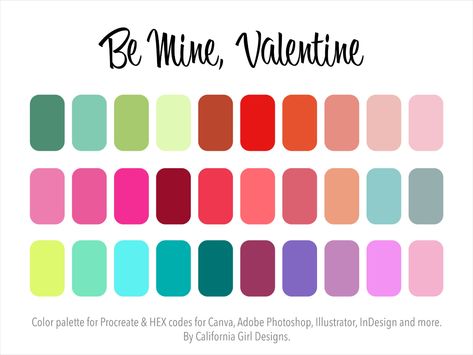 Valentines Day Palette, Valentines Day Color Palette, Valentine Color Palette, Pallete Color, Color Palette For Procreate, Procreate Palette, Be Mine Valentine, Colour Swatches, Color Candy