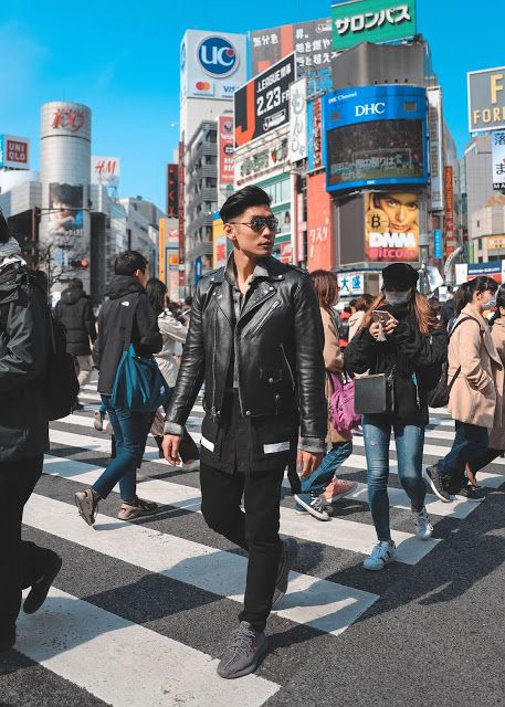 Men's Street Style Outfit Spring | Shibuya Tokyo, Japan  Wearing: Coach Leather Jacket, Off-White Shirt, Yeezy 350 Tokyo Moodboard, What To Wear In Japan, Sf Fashion, City Reference, Shirt Reference, Tokyo Winter, City Fashion Photography, Street Style Tokyo, Travel Outfit Ideas