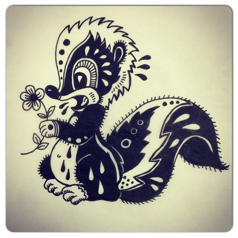 Skunk tattoo 3 Cute Skunk Tattoo, Traditional Skunk Tattoo, Honeybadger Tattoos, Possum Tattoo Simple, Skunk Tattoo, Skunk Drawing, Traditional Tattoo Black And Grey, Pinterest Tattoos, Sailor Jerry Tattoo Flash