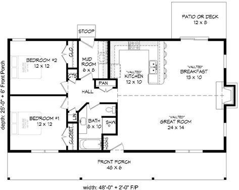 Ranch House Plan - 2 Bedrooms, 1 Bath, 1200 Sq Ft Plan 87-180 1200 Sq Ft House Plans, 900 Sq Ft House, 1000 Sq Ft House, 1200 Sq Ft House, Cabin Designs, Floor Plans Ranch, 2 Bedroom House Plans, Cabin Floor Plans, Ranch Style House Plans