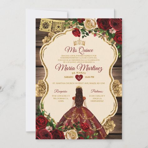 Spanish Burgundy Floral Rustic Wood Mis Quince Invitation Mis Quince 15 Anos, 16th Birthday Butterfly. Quinceanera Invitations Ideas, Burgundy Quince, Xv Invitations, Butterfly Quince, Quince Planning, Quince Stuff, Birthday Butterfly, Red Quince, Quince Invitations