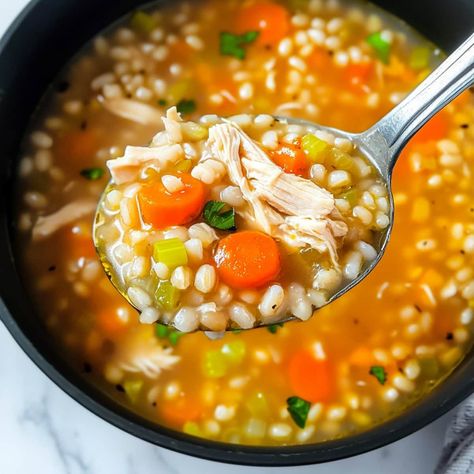 Savory Chicken Barley Soup Chicken Barley Soup Crockpot, Chicken Barley Soup Recipe, Chicken And Barley Soup, Chicken Barley, Chicken Barley Soup, Vegetable Barley Soup, Dutch Oven Chicken, Soups Stews Chilis, Beef Barley Soup