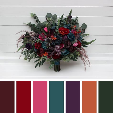 Jewel Tone Wedding Purple Red Magenta Bouquet Burgundy Teal Rust Flowers Bridal Bouquet Faux Bouquet Boho Wedding Pampas Grass Bridesmaid - Etsy Boho Wedding Pampas, Magenta Bouquet, Jewel Tone Wedding Theme, Jewel Tone Wedding Colors, Rust Flowers, Raspberry Wedding, Bouquet Fall Wedding, Faux Bouquet, Jasmine Wedding