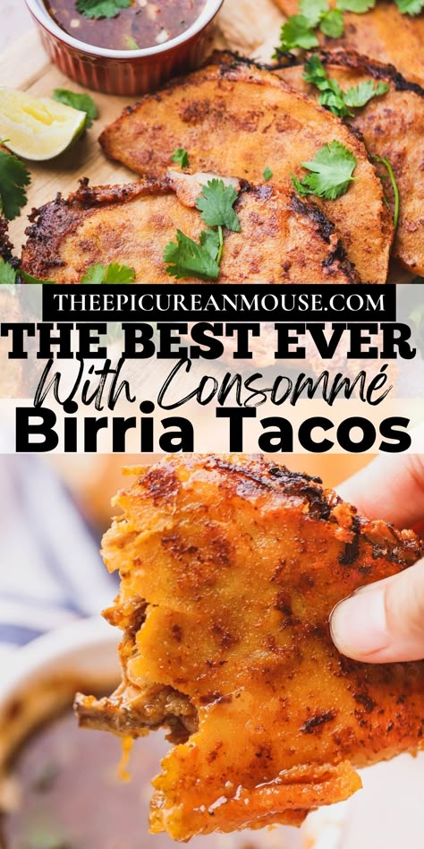 Tacos With Dipping Broth, Carnitas Birria Tacos, Birraria Tacos, Birria Tacos Not Spicy, Birria Queso Tacos Recipe, Best Birria Tacos Recipe Mexican Authentic, Birria Tacos Sauce Recipe, Quesabrilla Tacos, Briar Tacos