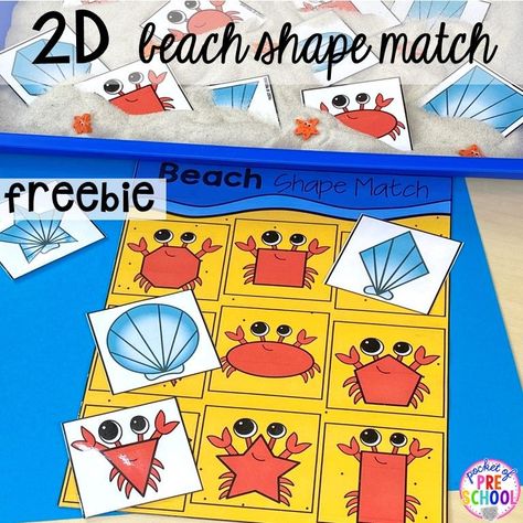 FREE 2D beach shape game! Ocean theme activities and centers for preschool, pre-k, and kindergarten (math, liteacy, sensory, fine motor, STEM). #oceantheme #preschool #prek #beachtheme Preschool Activities Summer Theme, Preschool Ocean Theme Activities, Beach Week Preschool Activities, Ocean Theme For Preschool, Preschool Beach Theme Activities, Crab Preschool Activities, Beach Preschool Theme, Crab Sensory Activity, Beach Fine Motor Activities Preschool