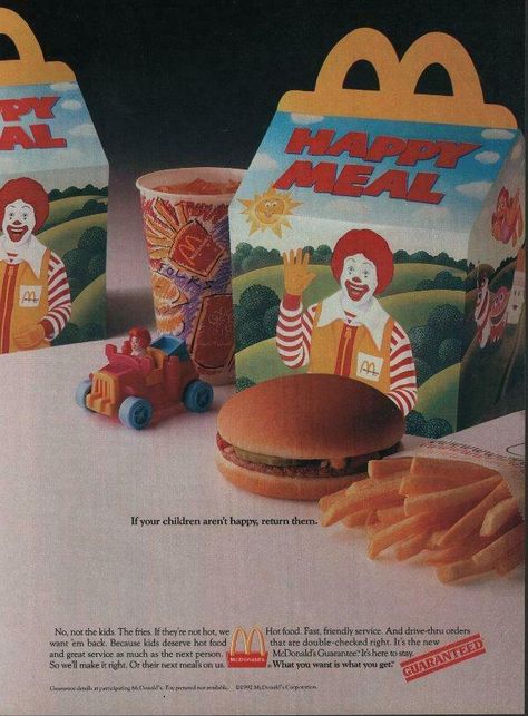 Vintage Fast Food Ads, 90s Mcdonalds Aesthetic, Vintage Mcdonalds Ads, Vintage Mcdonalds Aesthetic, Mcdonalds Happy Meal Aesthetic, Happy Meal Aesthetic, 1980 Food, 2000s Mcdonalds, 1990s Mcdonalds