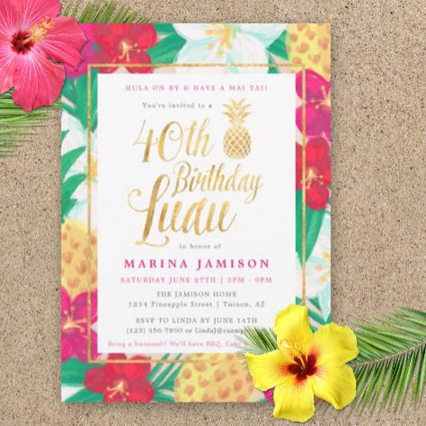 3.08 | 40th Birthday Luau Invitations | Pink & Gold #luau, hawaiian, tropical, pineapple, birthday, party, woman, 40th, forty, fortieth Hawaiian 50th Birthday Party, Luau Birthday Party Invitations, Luau Party Invitations, Pineapple Birthday Party, Birthday Luau, Luau Invitations, Fiftieth Birthday, Invitations Pink, Pineapple Birthday