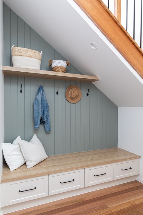 Understairs Entryway Ideas, Wall Paneling Under Stairs, Under Stairs Jacket Storage, Mud Room Stairs, Under Staircase Mudroom, Under Stairs Seating And Storage, Green Vj Panelling, Under Stairs Mudroom Entryway, Under Stairs Storage Panelling