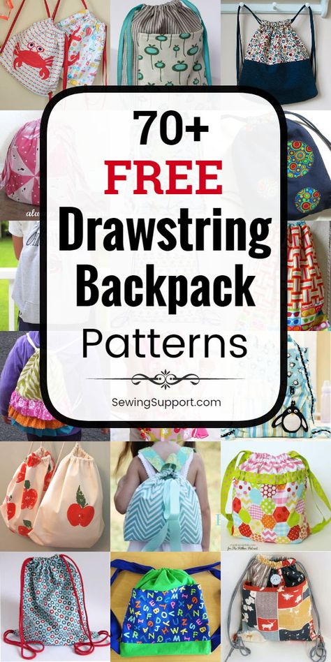 Drawstring Backpack DIY. Over 70 free backpack sewing patterns, projects, and tutorials, easy enough for the beginner to sew. Great simple backpack for kids. #SewingSupport #Backpack #Drawstring #Diy #Pattern #Bag #Sewing #Tutorial Drawstring Backpack Tutorial, Drawstring Backpack Pattern, Backpack Patterns, Backpack Pattern Sewing, Backpack Sewing, Backpack Tutorial, Diy Backpack, Simple Backpack, Backpack Pattern