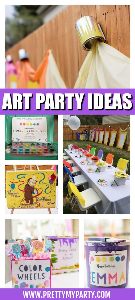 Backyard Art Party Ideas on Pretty My Party #prettymyparty #artparty #artpartyideas Art Show Birthday Party, Kids Art Party Ideas, Art Party Ideas For Kids, Preschool Party Ideas, Art Birthday Party Ideas Activities, Art Table For Kids Birthday Party, Painting Party Ideas For Kids, Art Theme Birthday Party, Art Themed Birthday Party Ideas