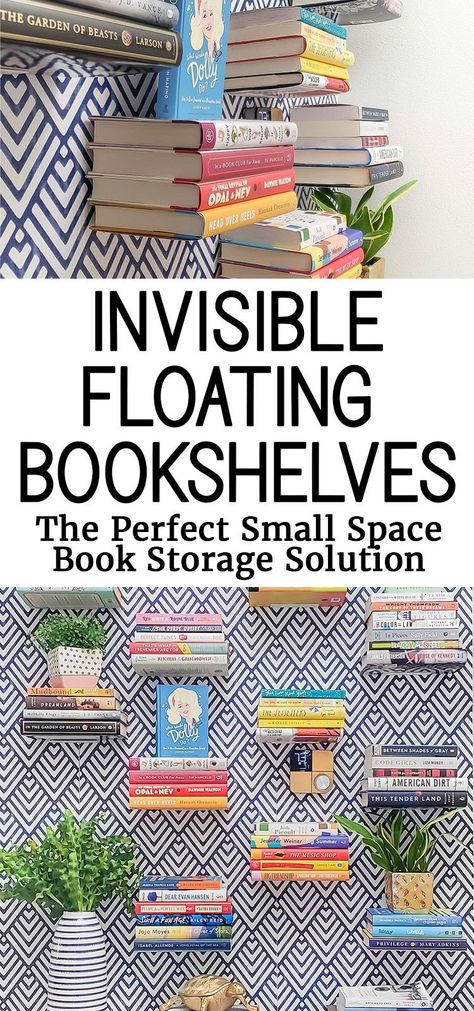 These invisible floating bookshelf brackets are affordable and the perfect book storage solution when you don't have room for a bookcase! Shelves Made Of Books, Non Bookshelf Book Storage, Diy Invisible Bookshelf, Bookshelf Walls Living Room, Corner Book Storage, Bookshelf Ideas Small Spaces, Book Storage For Bedroom, Bookshelves For Small Spaces Living Room, Hanging Bookshelf Diy