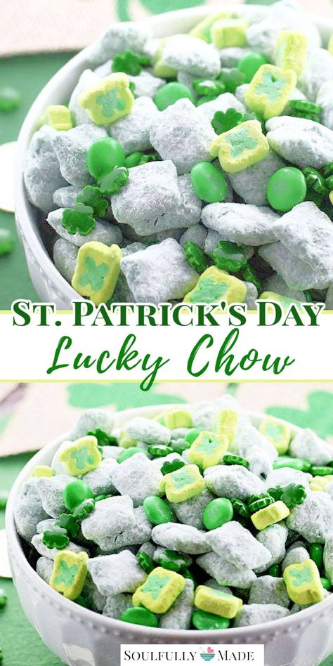 St. Patrick’s Day Lucky Chow. It’s puppy chow Leprechaun style! Candy melts, peanut butter, and powered sugar tossed with fun green candies and shamrock marshmallows. #stpatricksday #puppychow #muddybuddies #snack St Patricks Day Muddy Buddy, St Patrick's Day Puppy Chow, Green Chex Mix St. Patrick's Day, St Patricks Snacks, Puppy Chow Recipe Without Peanut Butter, Chex Mix Recipes Christmas, St Patrick Party Food, Easy Puppy Chow Recipe, St Patrick's Day Appetizers