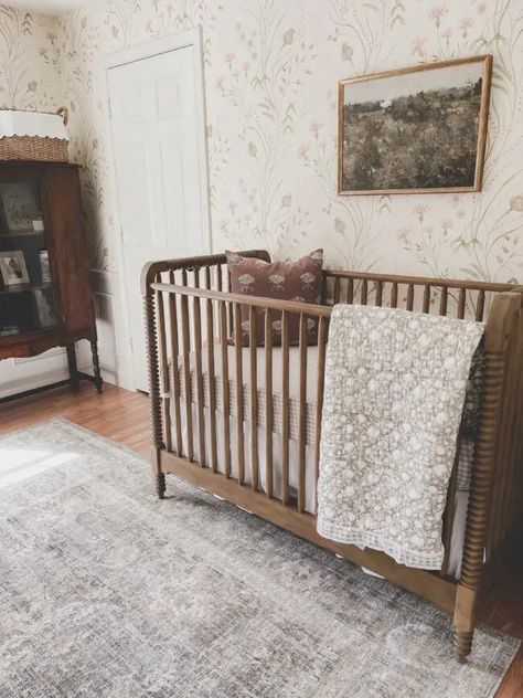 #ikeanursery #nurseryideas #babygirlroom Wooden Convertible Crib, Honey Oak Nursery, Magnolia Home Nursery, Cherry Wood Crib Nursery, Oak Crib Nursery Ideas, Traditional Style Nursery, Antique Style Nursery, Vintage Chic Nursery, Old Farmhouse Nursery