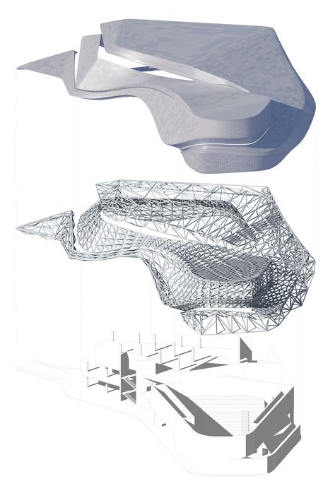 MULTIFUNCTIONAL CENTER on Behance Truss Structure Architecture, Space Truss, Architect Student, Zaha Hadid Architecture, Graphic Design Interior, Arch Architecture, Architecture Presentation Board, Conceptual Architecture, Architecture Concept Diagram