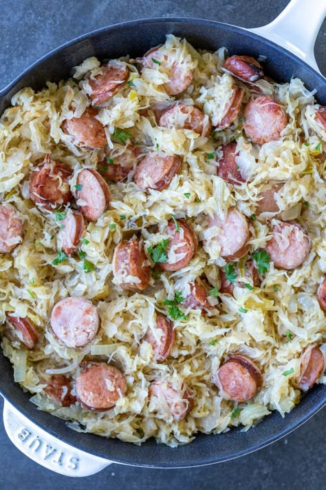 Classic Kielbasa and Sauerkraut (One-Pan Meal) - Momsdish Food With Sauerkraut, Sour Krout And Kielbasa, Meals With Sourkrout, Crockpot Sauerkraut And Kielbasa, Sour Krout And Sausage, Sour Crout And Kielbasa, Saurkraut And Ground Beef Recipes, Sour Kraut And Kielbasa, Sauteed Sauerkraut Recipes